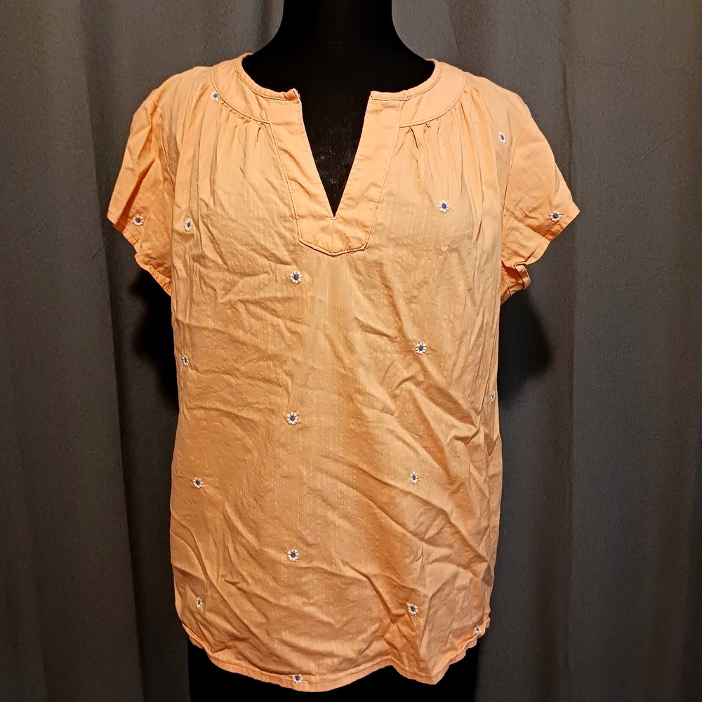 St‎ Johns Bay Cottagecore peach Cotton Gauze Daisy Embroidered Blouse Petite XL